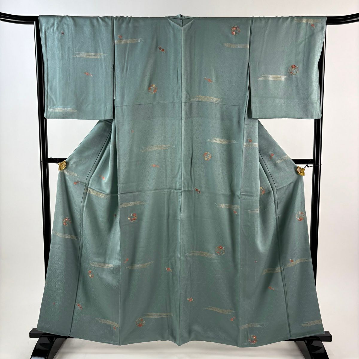 小紋 身長160cm 袖長66cm M 雙層 花丸紋 霞 金銀彩 刺繡 淺綠 純蠶絲 優品級