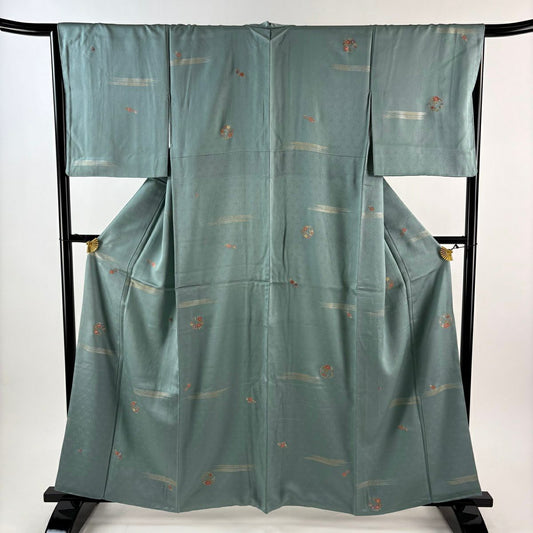 小紋 身長160cm 袖長66cm M 雙層 花丸紋 霞 金銀彩 刺繡 淺綠 純蠶絲 優品級