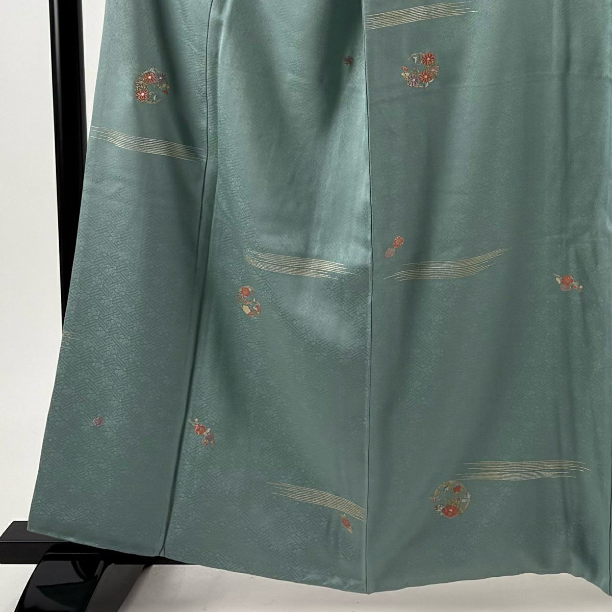 小紋 身長160cm 袖長66cm M 雙層 花丸紋 霞 金銀彩 刺繡 淺綠 純蠶絲 優品級