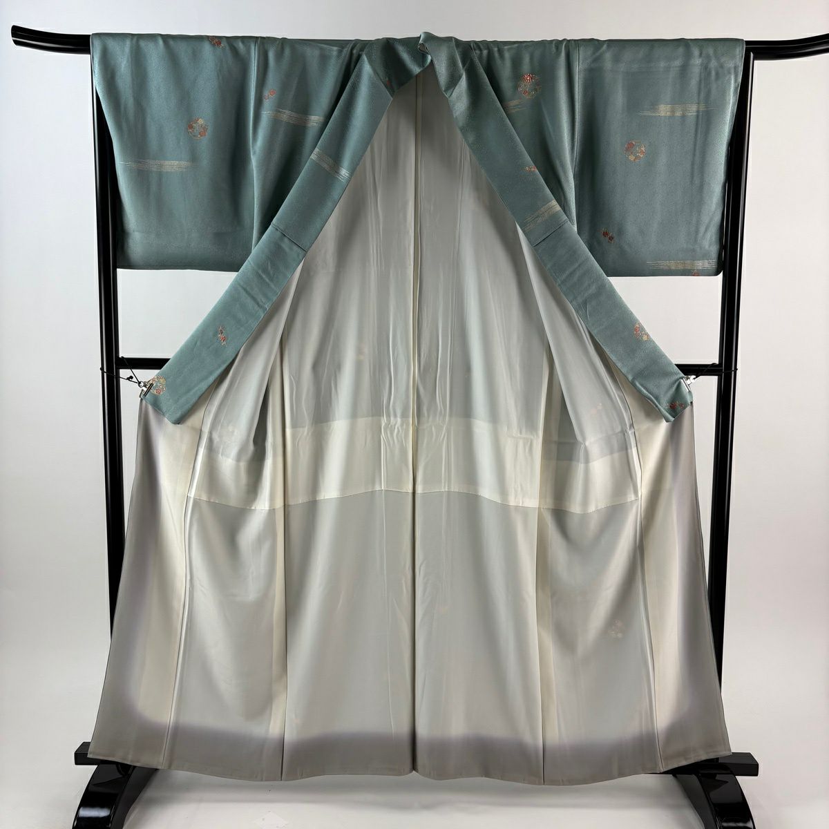 小紋 身長160cm 袖長66cm M 雙層 花丸紋 霞 金銀彩 刺繡 淺綠 純蠶絲 優品級
