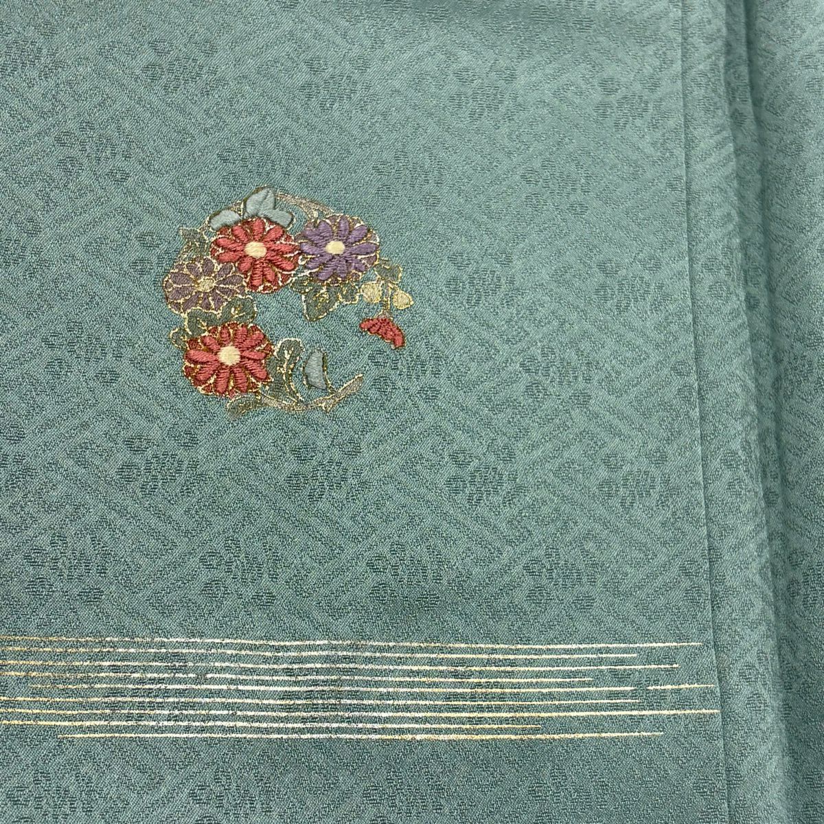 小紋 身長160cm 袖長66cm M 雙層 花丸紋 霞 金銀彩 刺繡 淺綠 純蠶絲 優品級