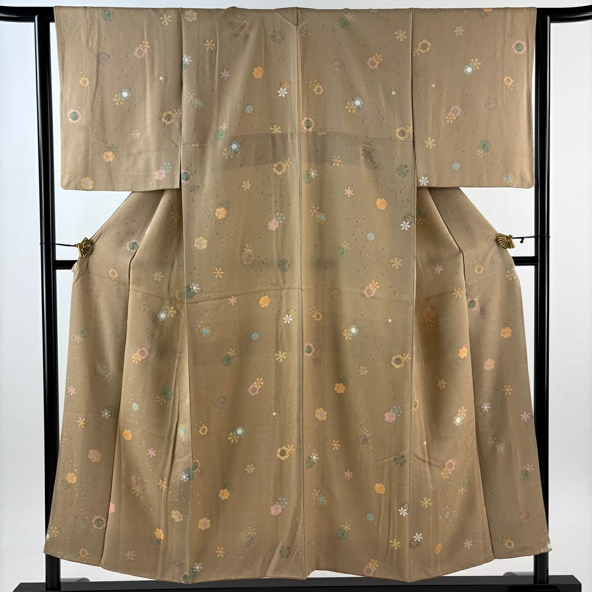 【美品】 小紋 身長153cm 袖長62.5cm S 雙層 雪輪 地紋 金銀彩 淺茶 純蠶絲 秀品級