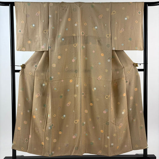 【美品】 小紋 身長153cm 袖長62.5cm S 雙層 雪輪 地紋 金銀彩 淺茶 純蠶絲 秀品級