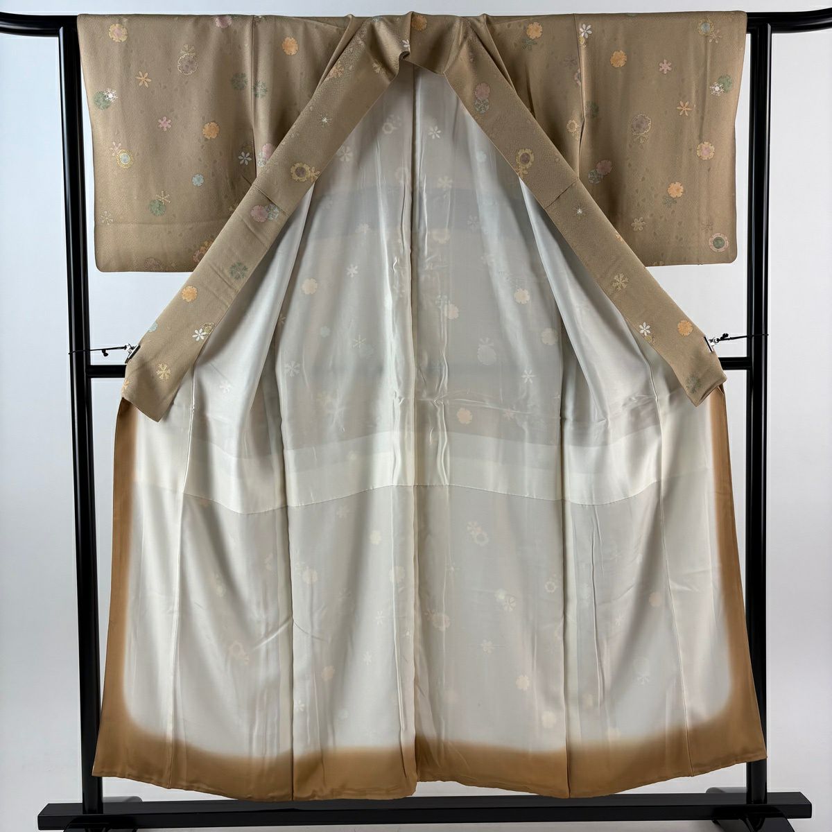 【美品】 小紋 身長153cm 袖長62.5cm S 雙層 雪輪 地紋 金銀彩 淺茶 純蠶絲 秀品級