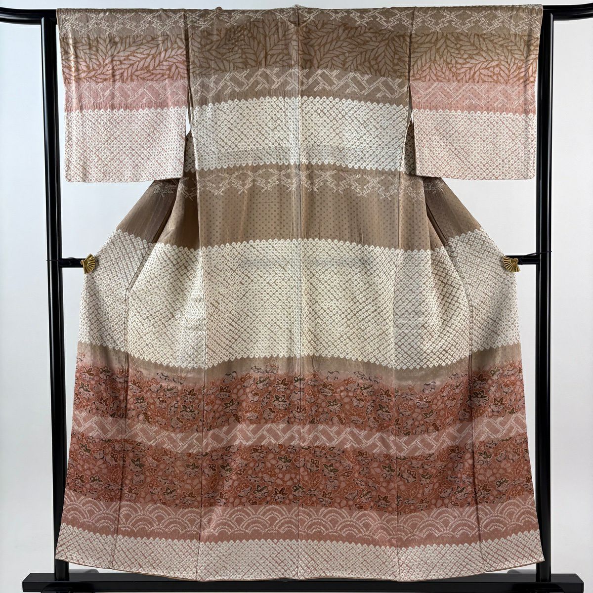 訪問服 身長155.5cm 袖長63cm S 雙層 辻花染 青海波 絞染 染分 薄茶 純蠶絲 秀品級