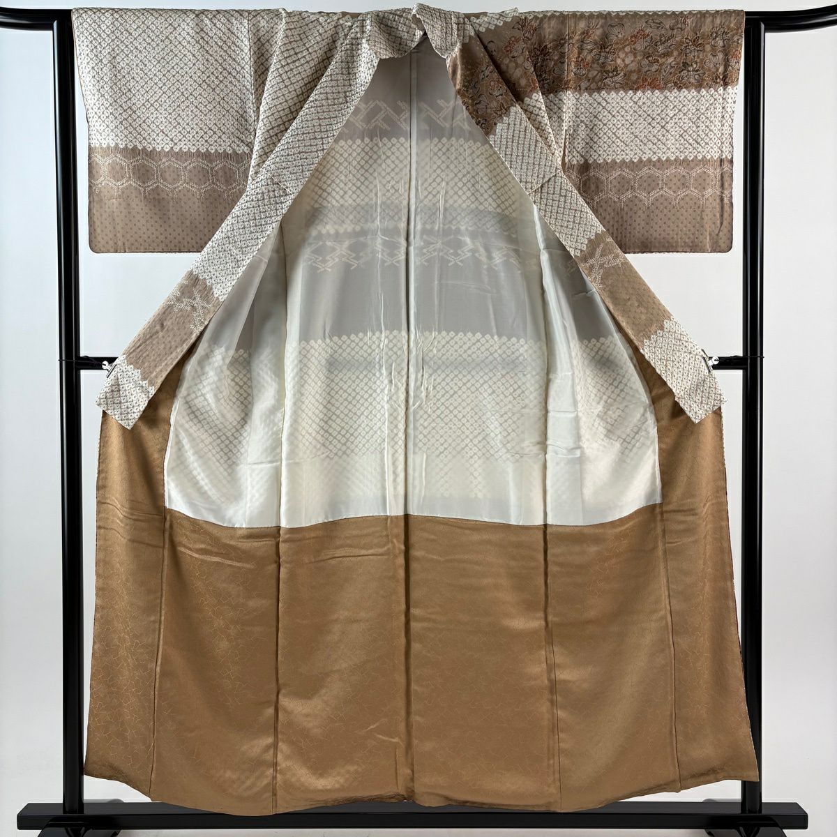 訪問服 身長155.5cm 袖長63cm S 雙層 辻花染 青海波 絞染 染分 薄茶 純蠶絲 秀品級