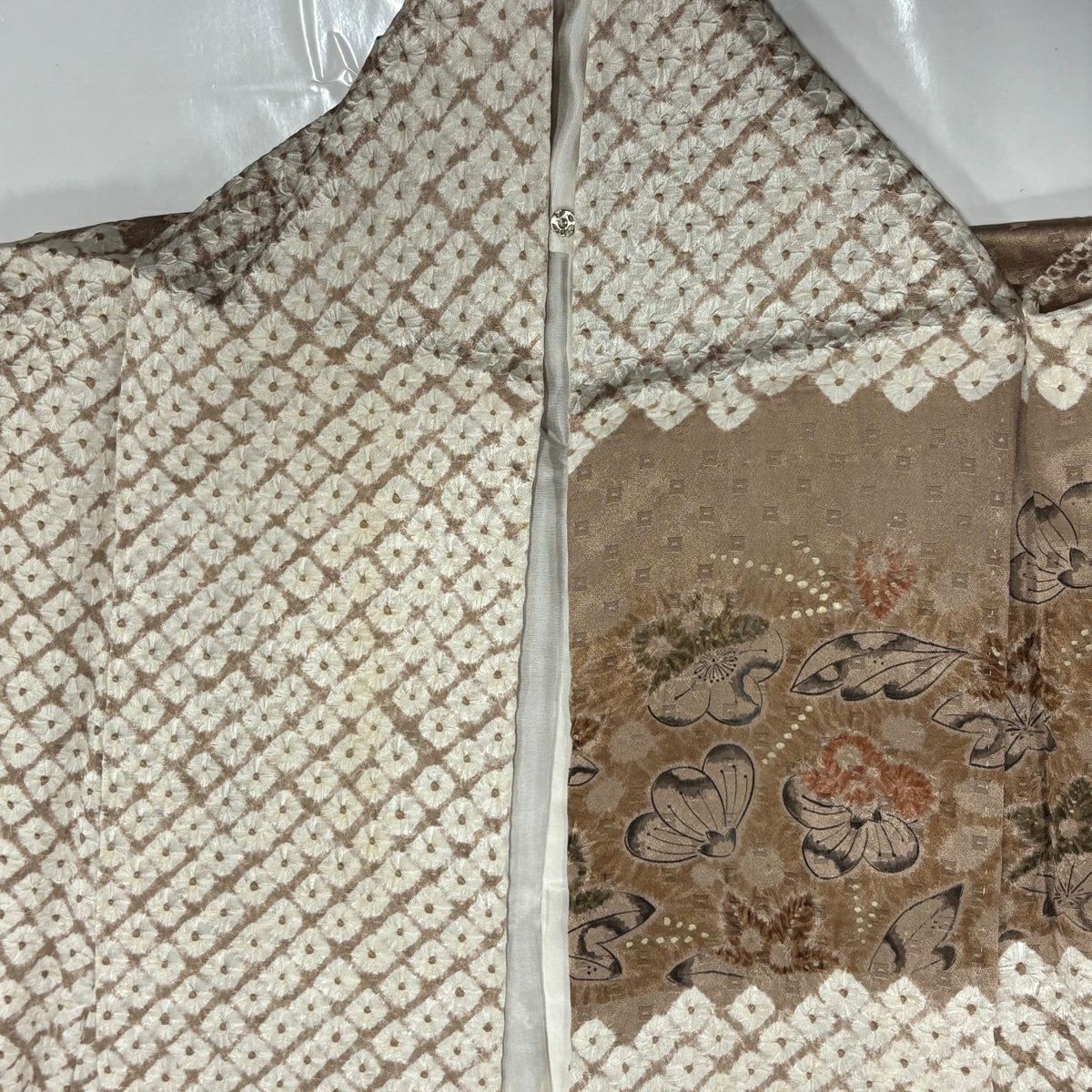 訪問服 身長155.5cm 袖長63cm S 雙層 辻花染 青海波 絞染 染分 薄茶 純蠶絲 秀品級