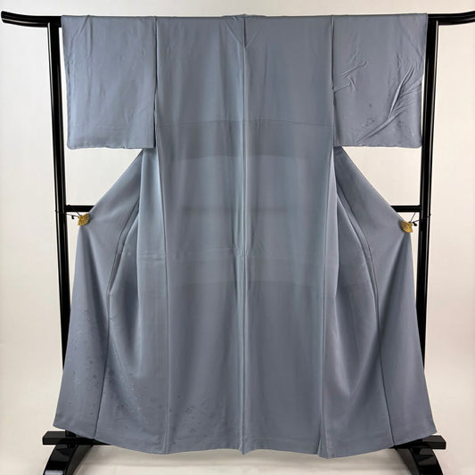【美品】 付下 身長160cm 袖長62cm S 雙層 中村勘三郎 落款あり 仙鶴 草花紋刺繡 青灰 純蠶絲 秀品級