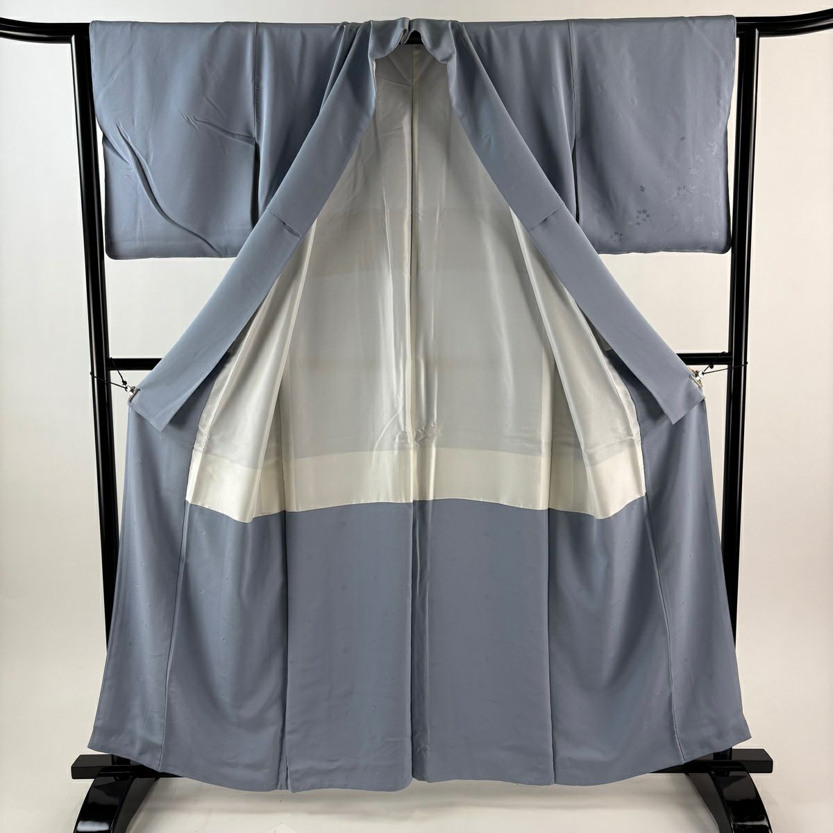 【美品】 付下 身長160cm 袖長62cm S 雙層 中村勘三郎 落款あり 仙鶴 草花紋刺繡 青灰 純蠶絲 秀品級