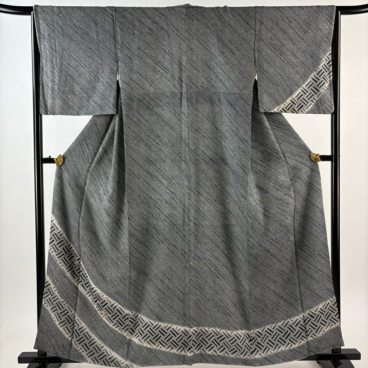 付下 身長159cm 袖長64.5cm M 雙層 草花紋紋 疋田紋 刺繡 絞染 黑灰 純蠶絲 優品級