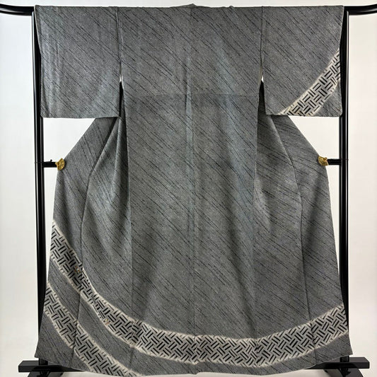 付下 身長159cm 袖長64.5cm M 雙層 草花紋紋 疋田紋 刺繡 絞染 黑灰 純蠶絲 優品級