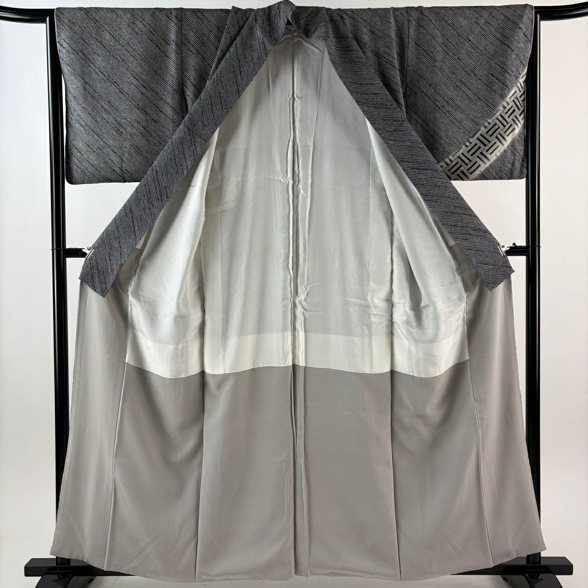 付下 身長159cm 袖長64.5cm M 雙層 草花紋紋 疋田紋 刺繡 絞染 黑灰 純蠶絲 優品級
