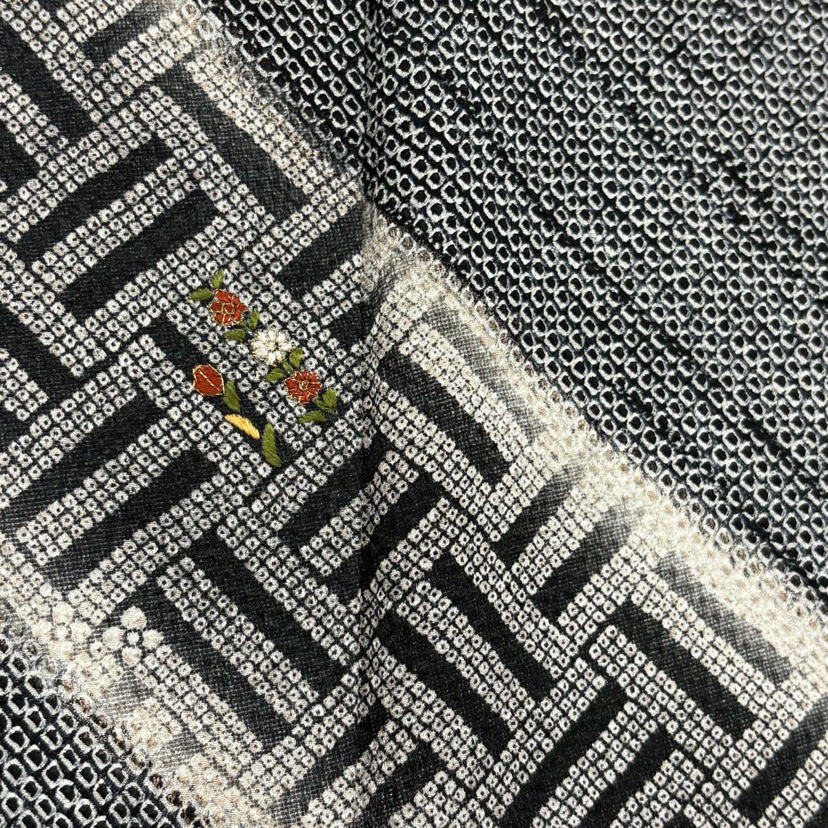 付下 身長159cm 袖長64.5cm M 雙層 草花紋紋 疋田紋 刺繡 絞染 黑灰 純蠶絲 優品級