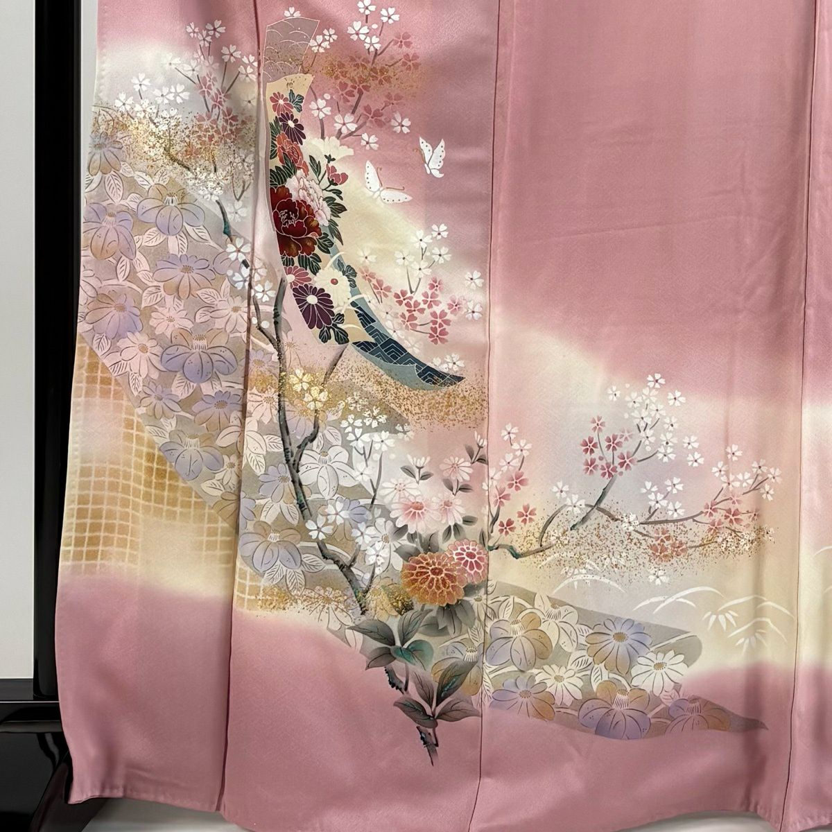 付下 身長168.5cm 袖長65.5cm M 雙層 短冊 牡丹 金銀彩 漸層 粉色 純蠶絲 優品級