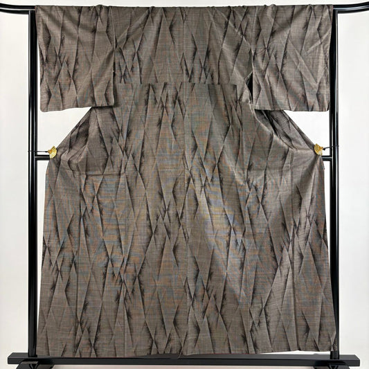 【美品】 紬織 身長157cm 袖長66cm M 雙層 鈴乃屋 幾何學 焦茶 純蠶絲 秀品級