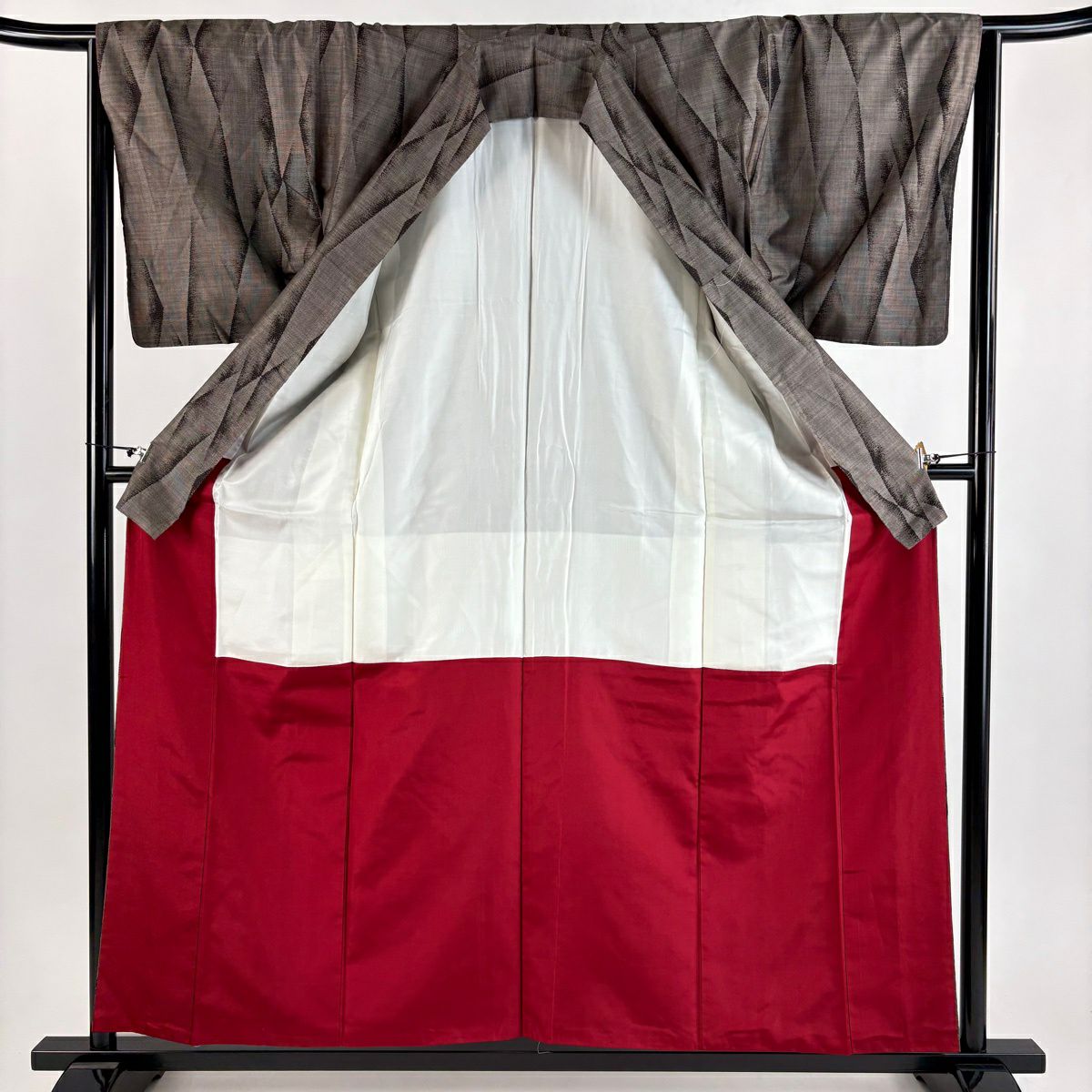 【美品】 紬織 身長157cm 袖長66cm M 雙層 鈴乃屋 幾何學 焦茶 純蠶絲 秀品級