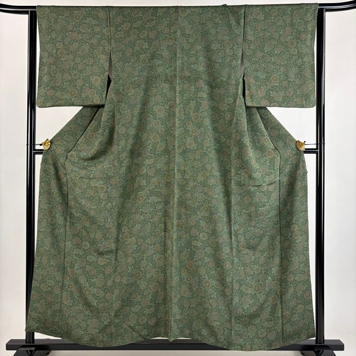 【美品】 江戶小紋 身長156.5cm 袖長63cm S 雙層 今坂國雄 落款 菊花花百趣 深綠 純蠶絲 秀品級