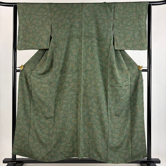 【美品】 江戶小紋 身長156.5cm 袖長63cm S 雙層 今坂國雄 落款 菊花花百趣 深綠 純蠶絲 秀品級