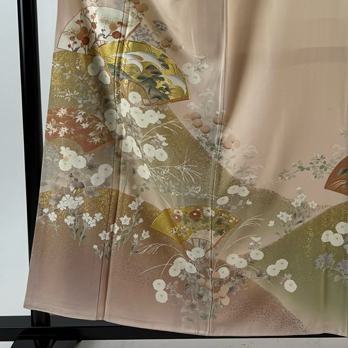 色留袖禮服 身長158cm 袖長65.5cm M 雙層 扇子 仙鶴 金銀彩 金彩裝飾 淺粉色 純蠶絲 優品級 一個紋