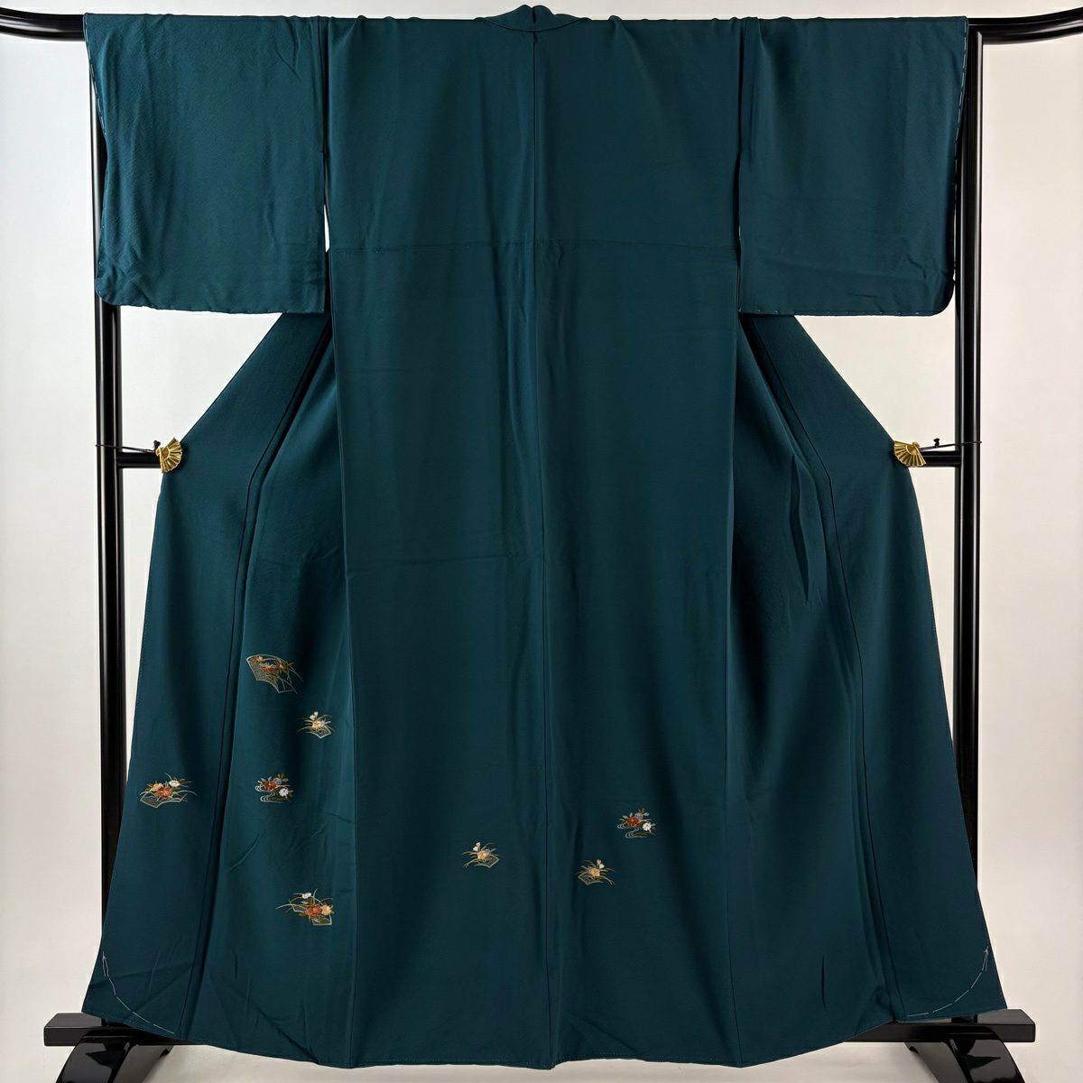 付下 身長159.5cm 袖長68.5cm L 雙層 扇子面 草花紋紋 金糸刺繡 深綠 純蠶絲 秀品級
