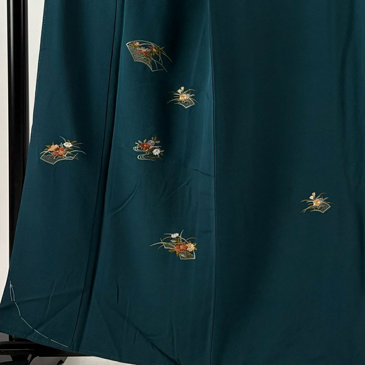 付下 身長159.5cm 袖長68.5cm L 雙層 扇子面 草花紋紋 金糸刺繡 深綠 純蠶絲 秀品級