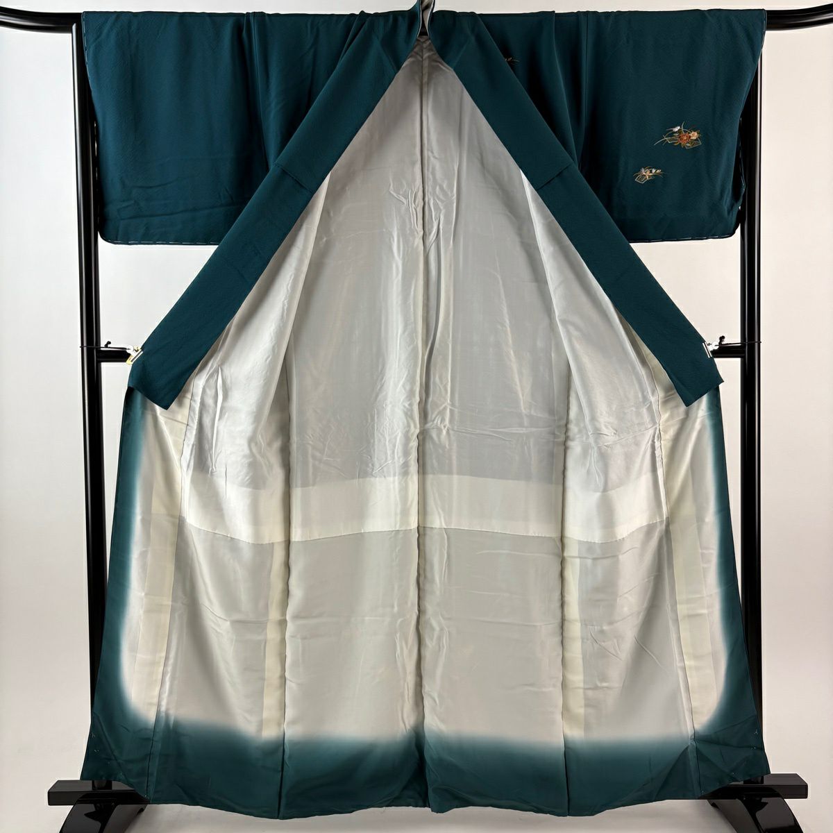 付下 身長159.5cm 袖長68.5cm L 雙層 扇子面 草花紋紋 金糸刺繡 深綠 純蠶絲 秀品級