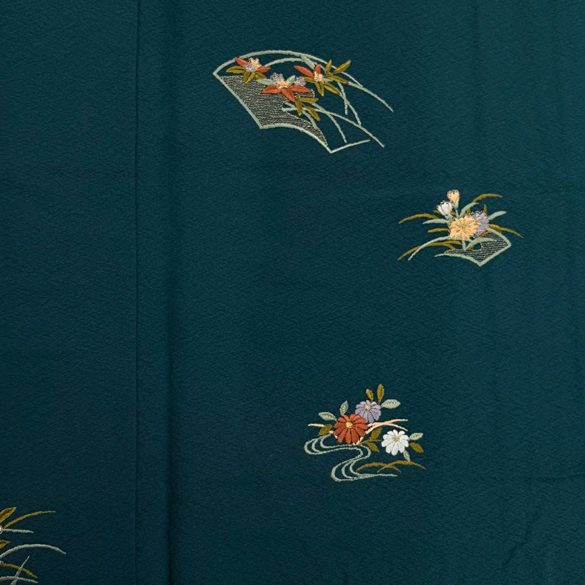 付下 身長159.5cm 袖長68.5cm L 雙層 扇子面 草花紋紋 金糸刺繡 深綠 純蠶絲 秀品級