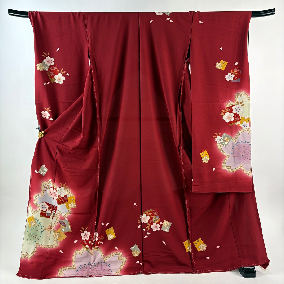 振袖禮服 身長176cm 袖長71cm 未仕立 雜色櫻花染 紅 純蠶絲 優品級