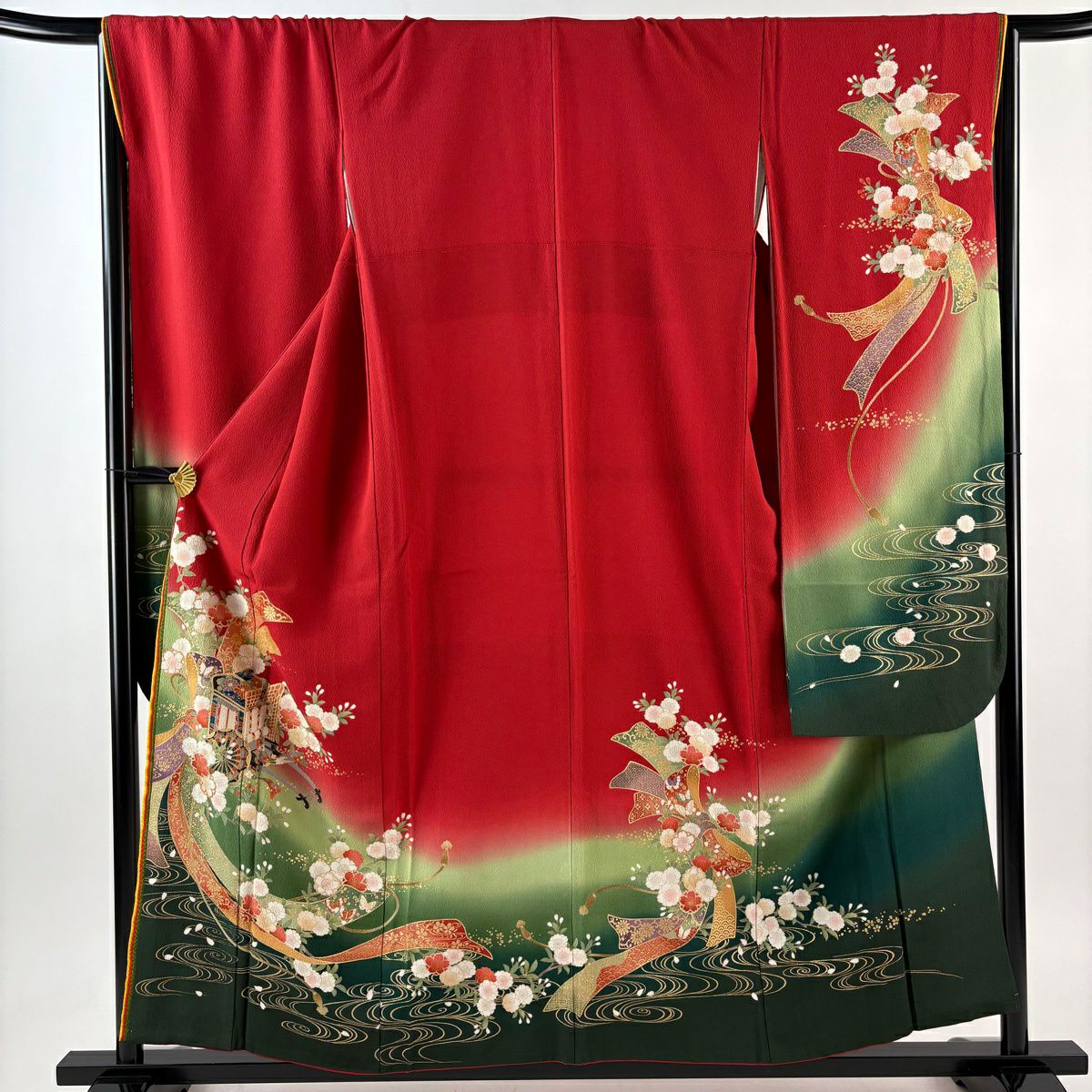 【美品】振袖禮服 身長156cm 袖長67.5cm L 雙層 桂由美 大和 落款あり 御所車 櫻花 金銀彩 染分 紅 純蠶絲 秀品級