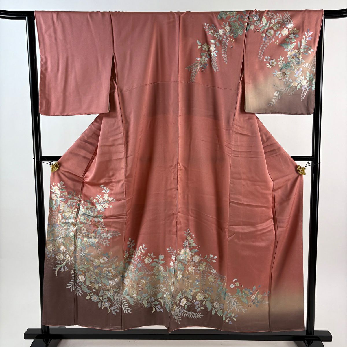 訪問服 身長154cm 袖長65.5cm M 雙層 草花紋紋 鳥 金銀彩 漸層 粉紅 純蠶絲 優品級