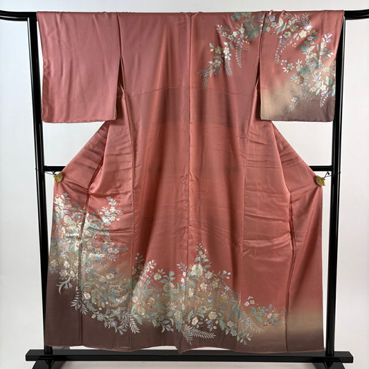 訪問服 身長154cm 袖長65.5cm M 雙層 草花紋紋 鳥 金銀彩 漸層 粉紅 純蠶絲 優品級