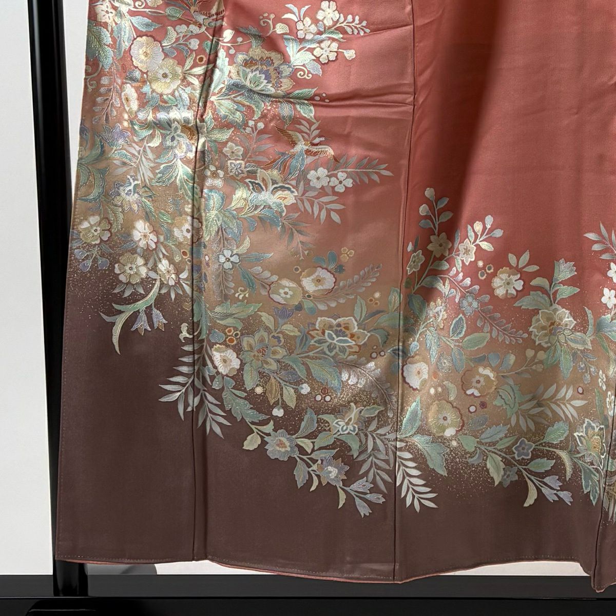 訪問服 身長154cm 袖長65.5cm M 雙層 草花紋紋 鳥 金銀彩 漸層 粉紅 純蠶絲 優品級