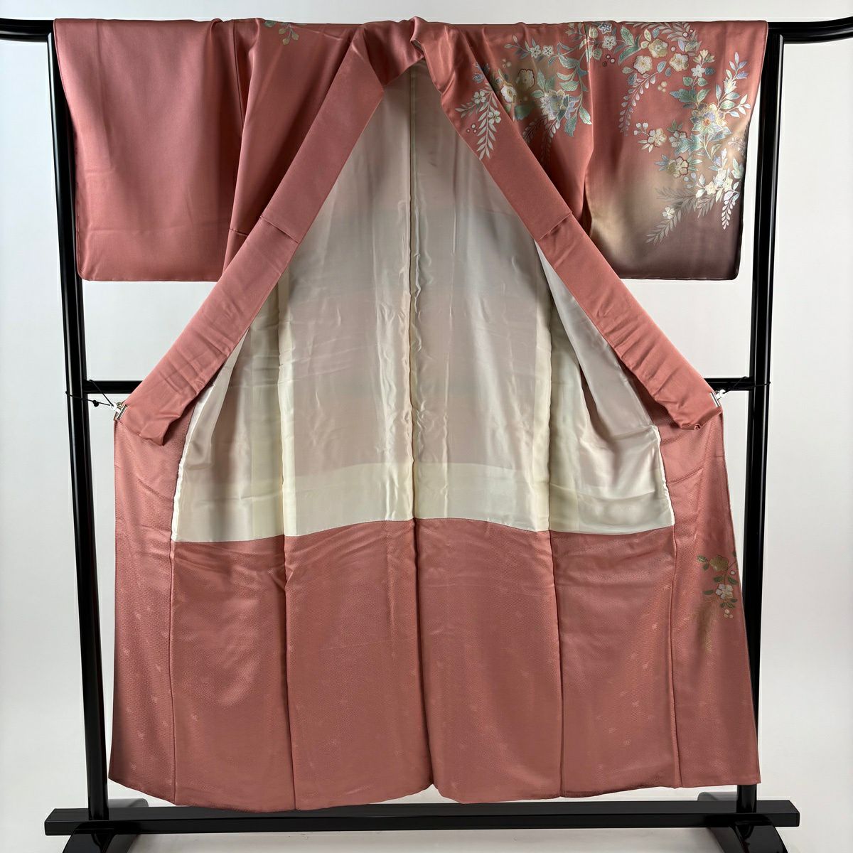 訪問服 身長154cm 袖長65.5cm M 雙層 草花紋紋 鳥 金銀彩 漸層 粉紅 純蠶絲 優品級