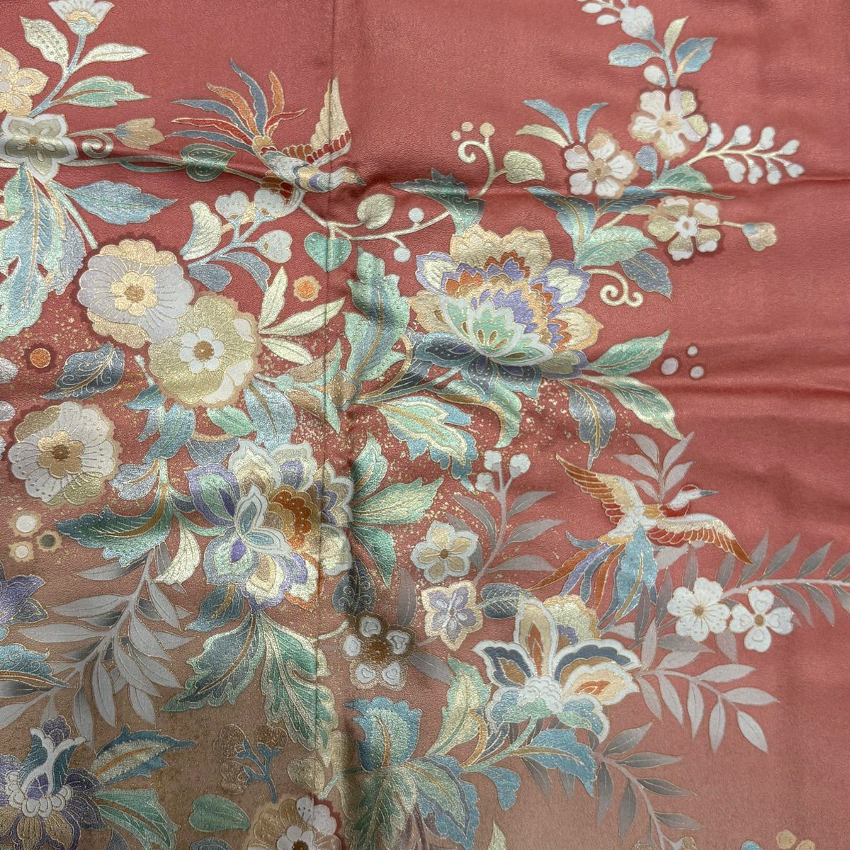 訪問服 身長154cm 袖長65.5cm M 雙層 草花紋紋 鳥 金銀彩 漸層 粉紅 純蠶絲 優品級