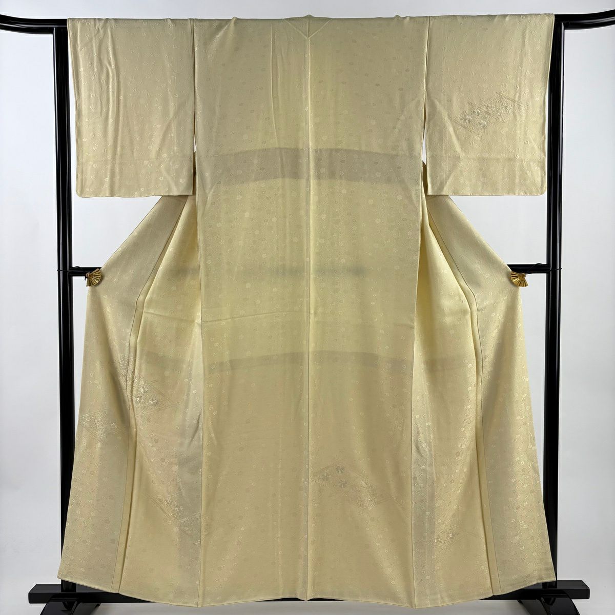 【美品】 付下 身長158cm 袖長64cm M 雙層 草花紋紋 地紋 刺繡 淡黃 純蠶絲 優品級
