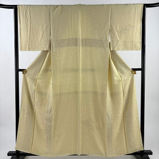 【美品】 付下 身長158cm 袖長64cm M 雙層 草花紋紋 地紋 刺繡 淡黃 純蠶絲 優品級