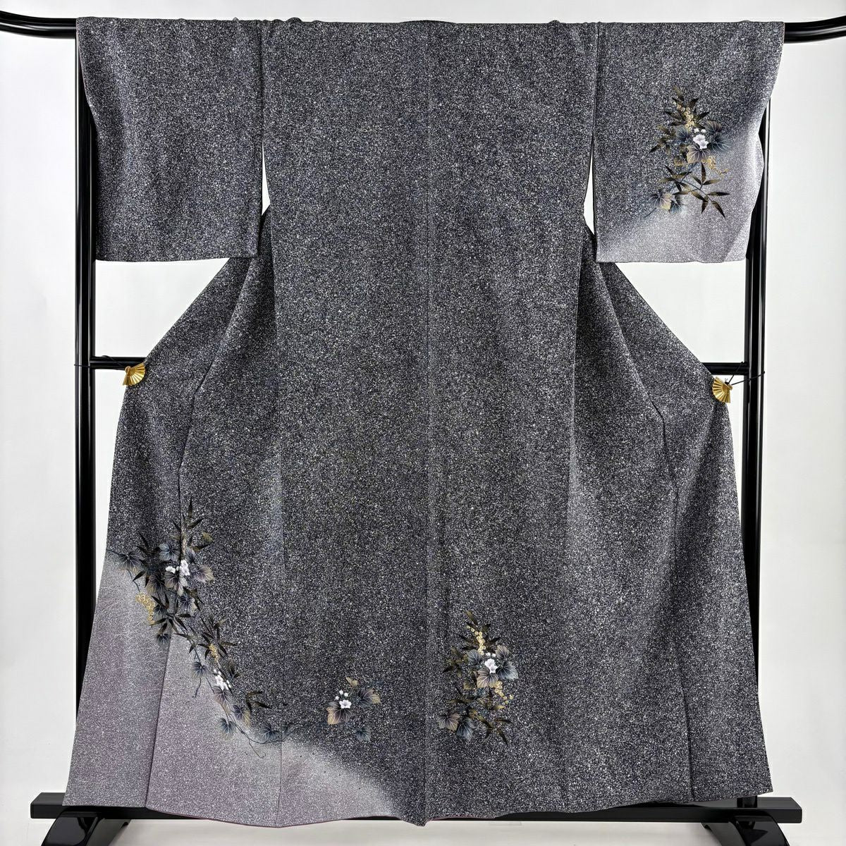 【美品】 付下 身長159.5cm 袖長68.5cm L 雙層 草花紋紋 芝 金銀彩 拉麵 黑灰 純蠶絲 優品級