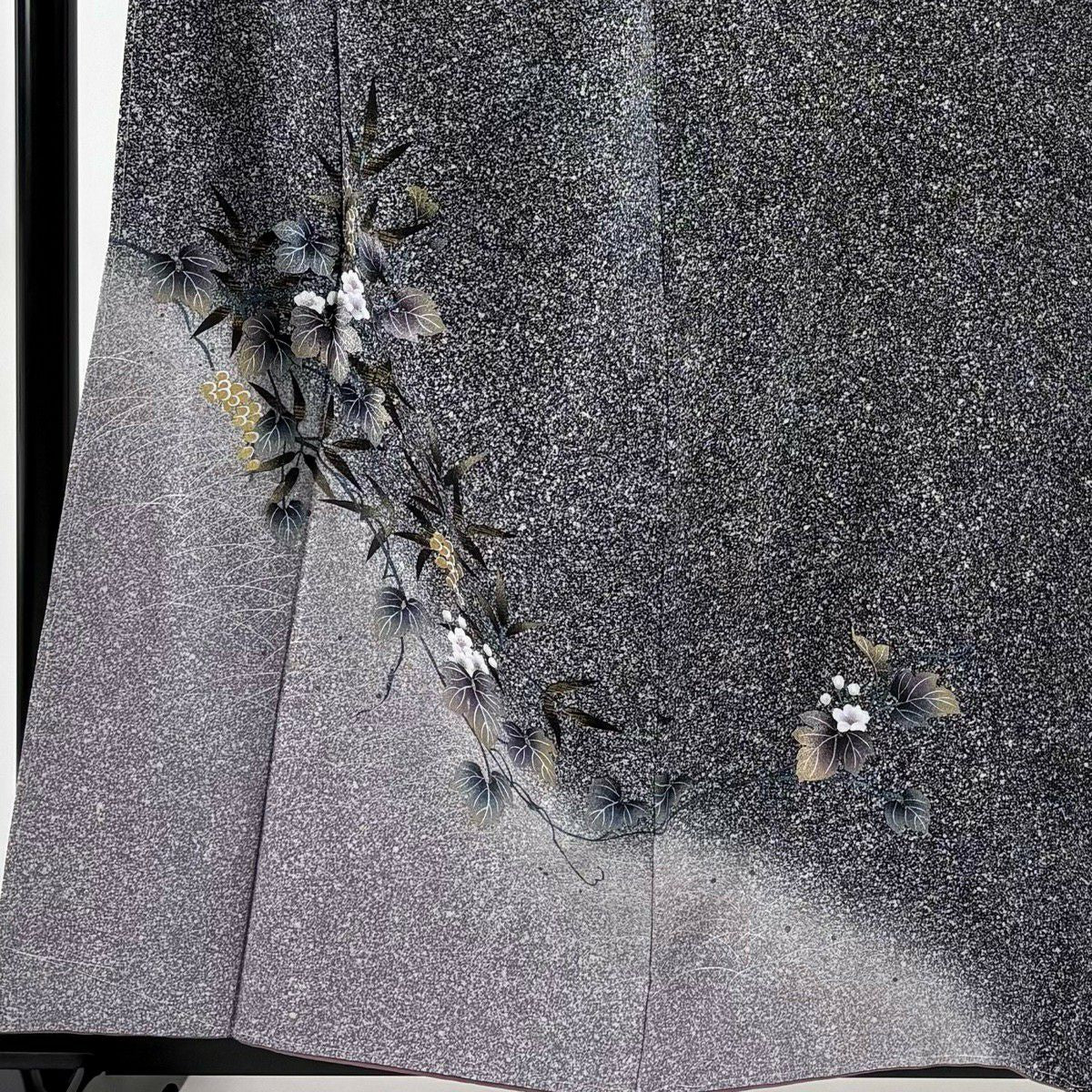 【美品】 付下 身長159.5cm 袖長68.5cm L 雙層 草花紋紋 芝 金銀彩 拉麵 黑灰 純蠶絲 優品級