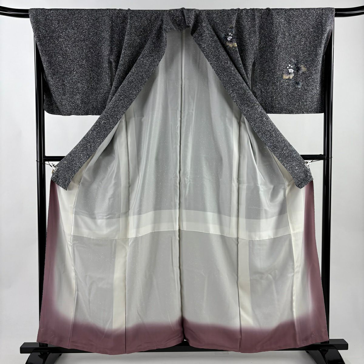 【美品】 付下 身長159.5cm 袖長68.5cm L 雙層 草花紋紋 芝 金銀彩 拉麵 黑灰 純蠶絲 優品級