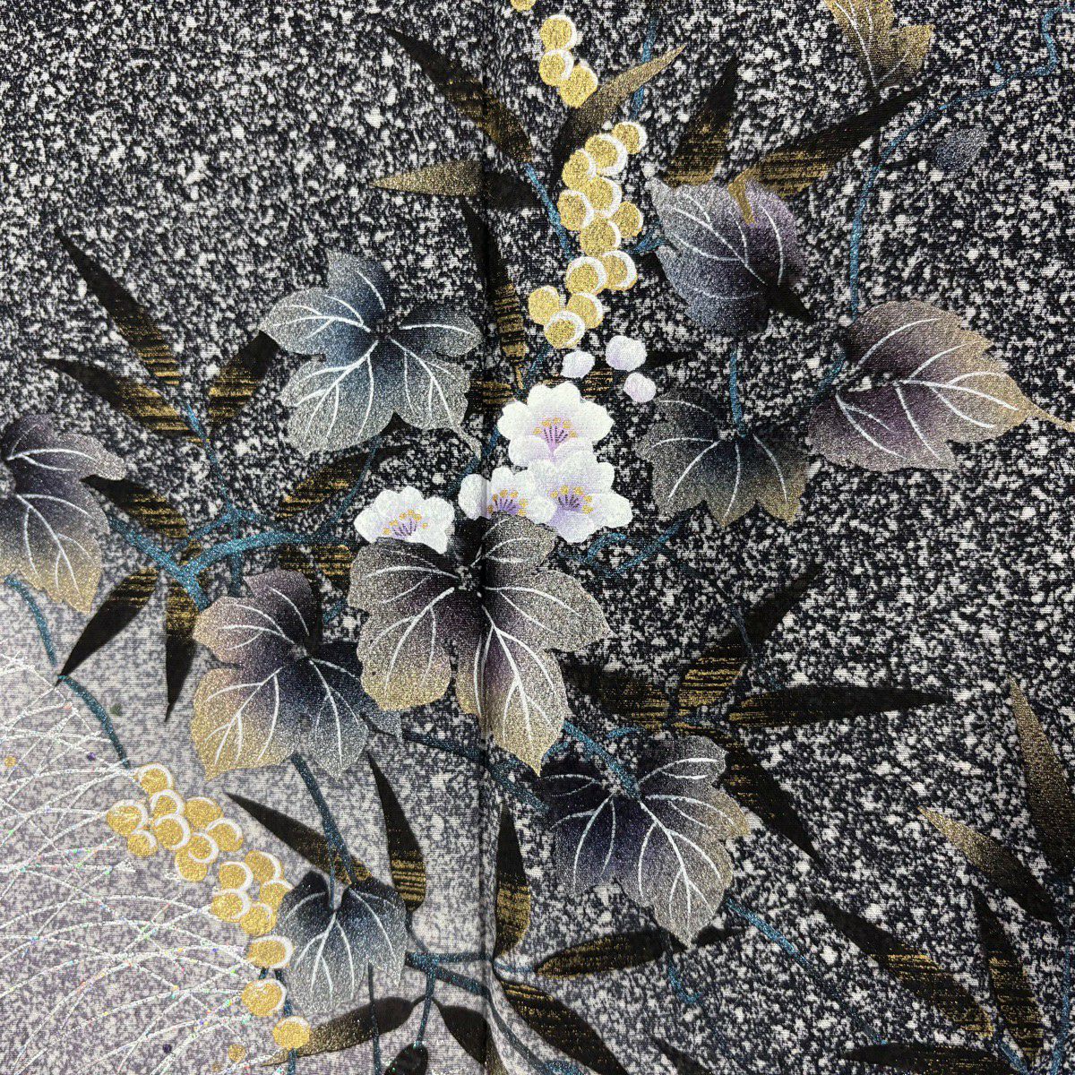 【美品】 付下 身長159.5cm 袖長68.5cm L 雙層 草花紋紋 芝 金銀彩 拉麵 黑灰 純蠶絲 優品級