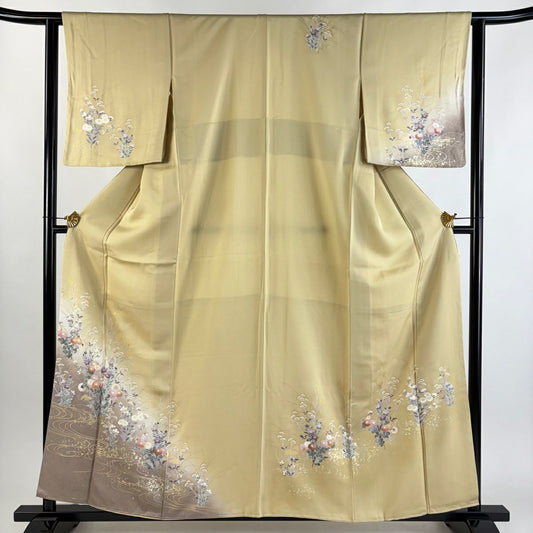 【美品】 付下 身長157.5cm 袖長62.5cm S 雙層 秋草 流水 金銀彩 染分 米色 純蠶絲 秀品級