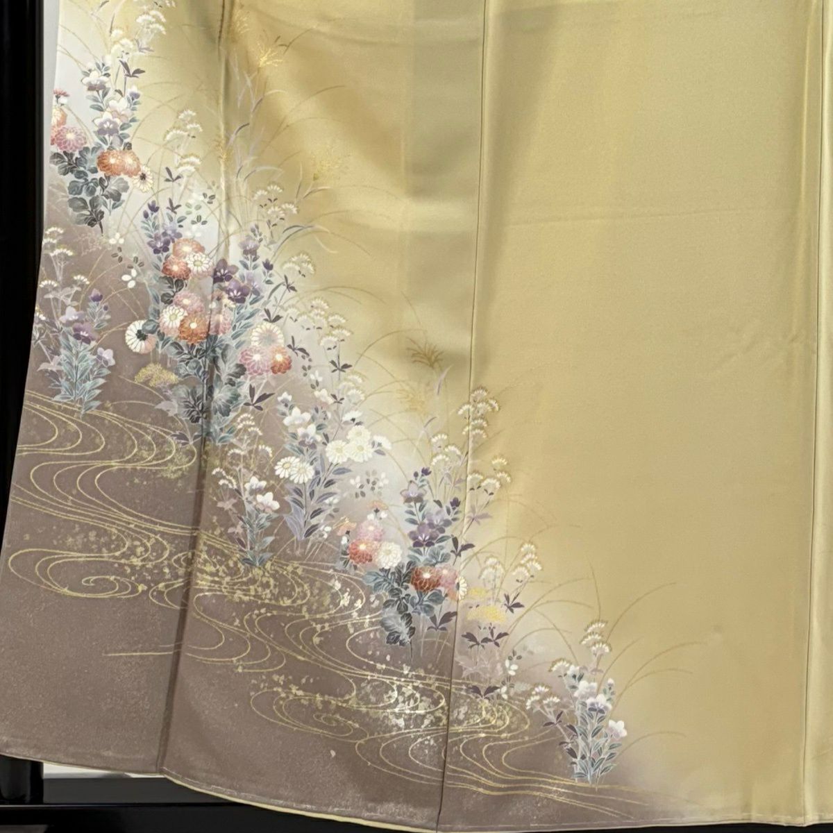 【美品】 付下 身長157.5cm 袖長62.5cm S 雙層 秋草 流水 金銀彩 染分 米色 純蠶絲 秀品級