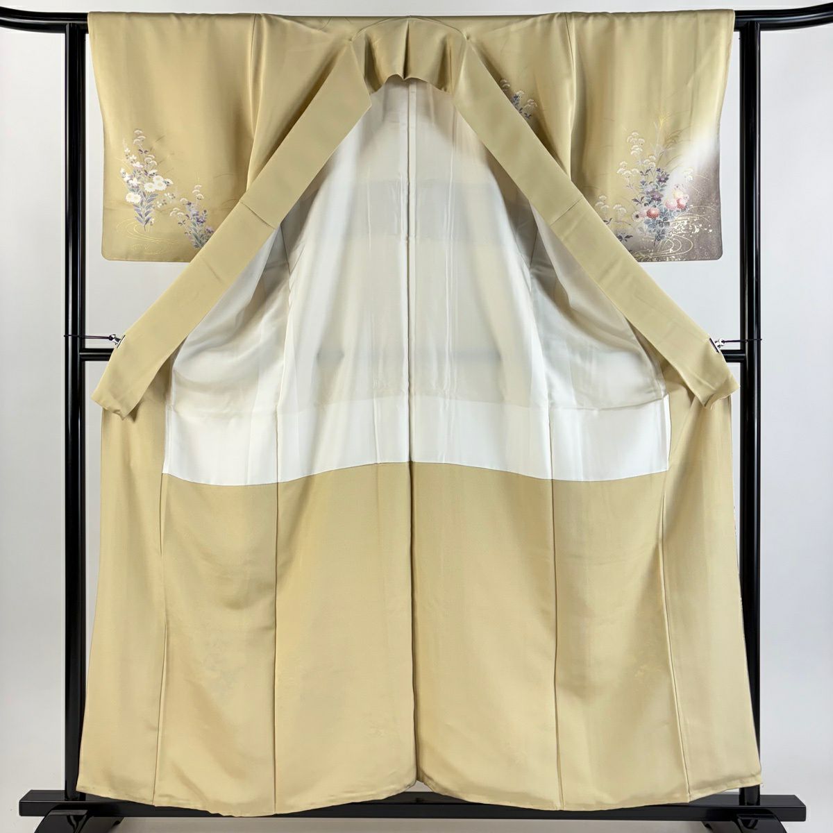 【美品】 付下 身長157.5cm 袖長62.5cm S 雙層 秋草 流水 金銀彩 染分 米色 純蠶絲 秀品級