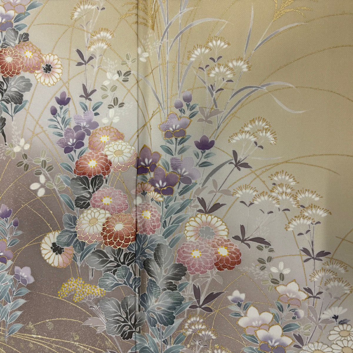 【美品】 付下 身長157.5cm 袖長62.5cm S 雙層 秋草 流水 金銀彩 染分 米色 純蠶絲 秀品級