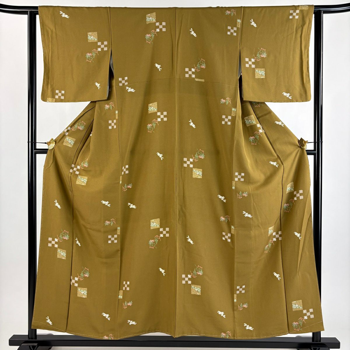小紋 身長155.5cm 袖長62cm S 雙層 兔子 葡萄 山吹茶 純蠶絲 優品級