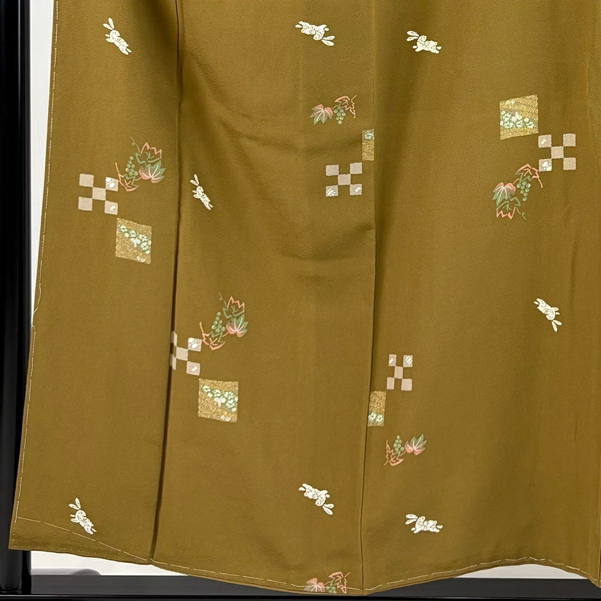 小紋 身長155.5cm 袖長62cm S 雙層 兔子 葡萄 山吹茶 純蠶絲 優品級