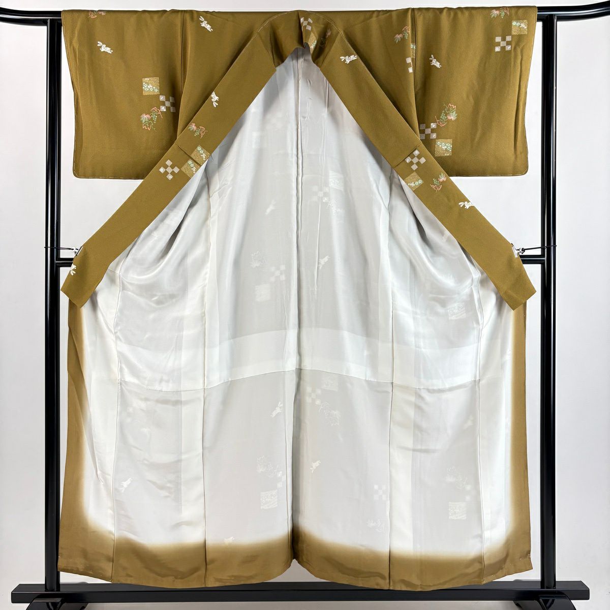 小紋 身長155.5cm 袖長62cm S 雙層 兔子 葡萄 山吹茶 純蠶絲 優品級