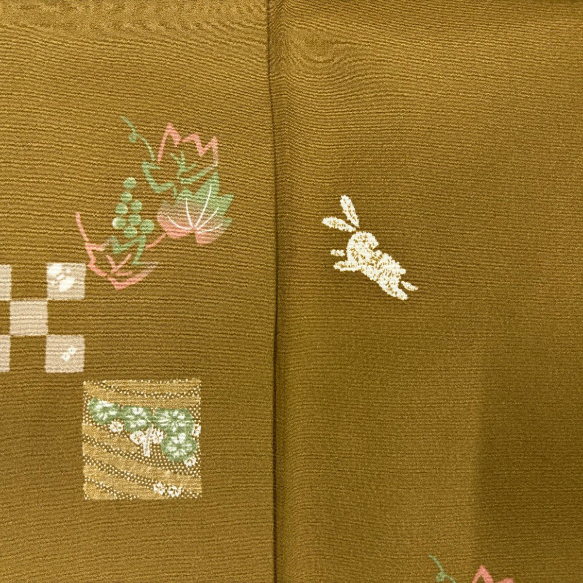 小紋 身長155.5cm 袖長62cm S 雙層 兔子 葡萄 山吹茶 純蠶絲 優品級