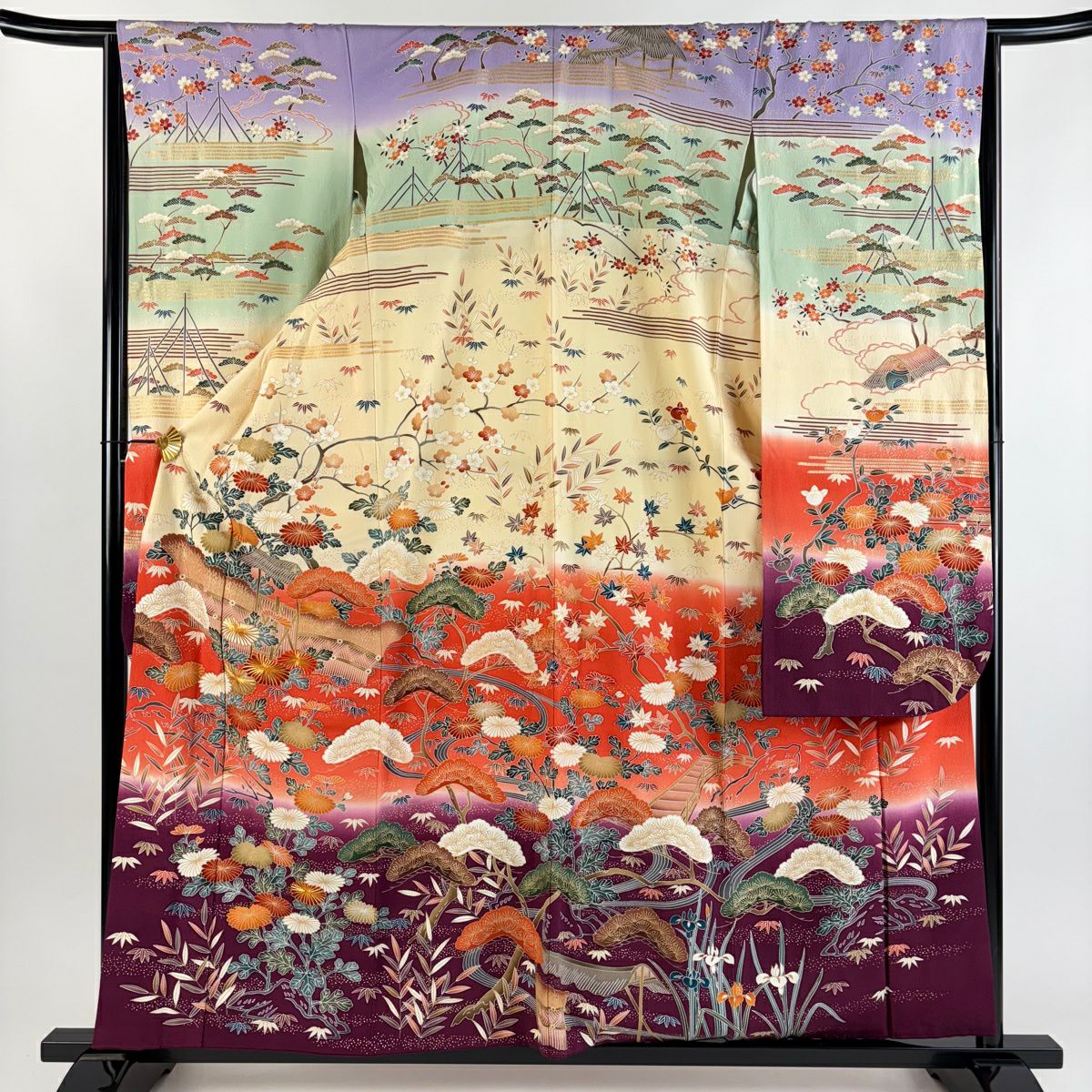 振袖禮服 身長158.5cm 袖長65.5cm M 雙層 松樹竹子梅花 菊花 金絲 金銀彩 紅 純蠶絲 秀品級