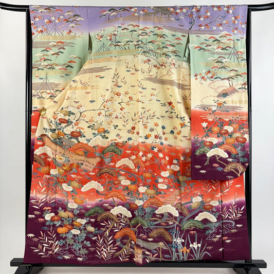 振袖禮服 身長158.5cm 袖長65.5cm M 雙層 松樹竹子梅花 菊花 金絲 金銀彩 紅 純蠶絲 秀品級